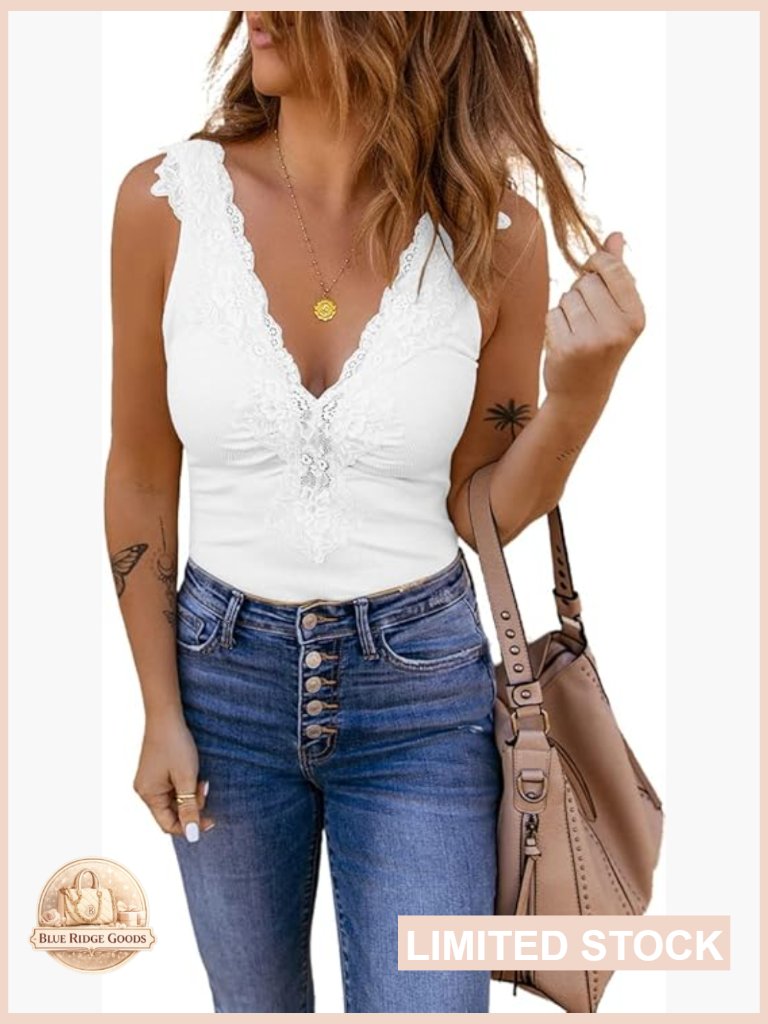 Lace Patchwork Deep V Neck Knitted Tank Top Sleeveless Summer Camisole